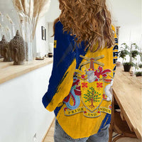 Barbados Trident and Coat of Arms Women Casual Shirt with Blue Yellow Patriotic Graphic - Wonder Print Shop