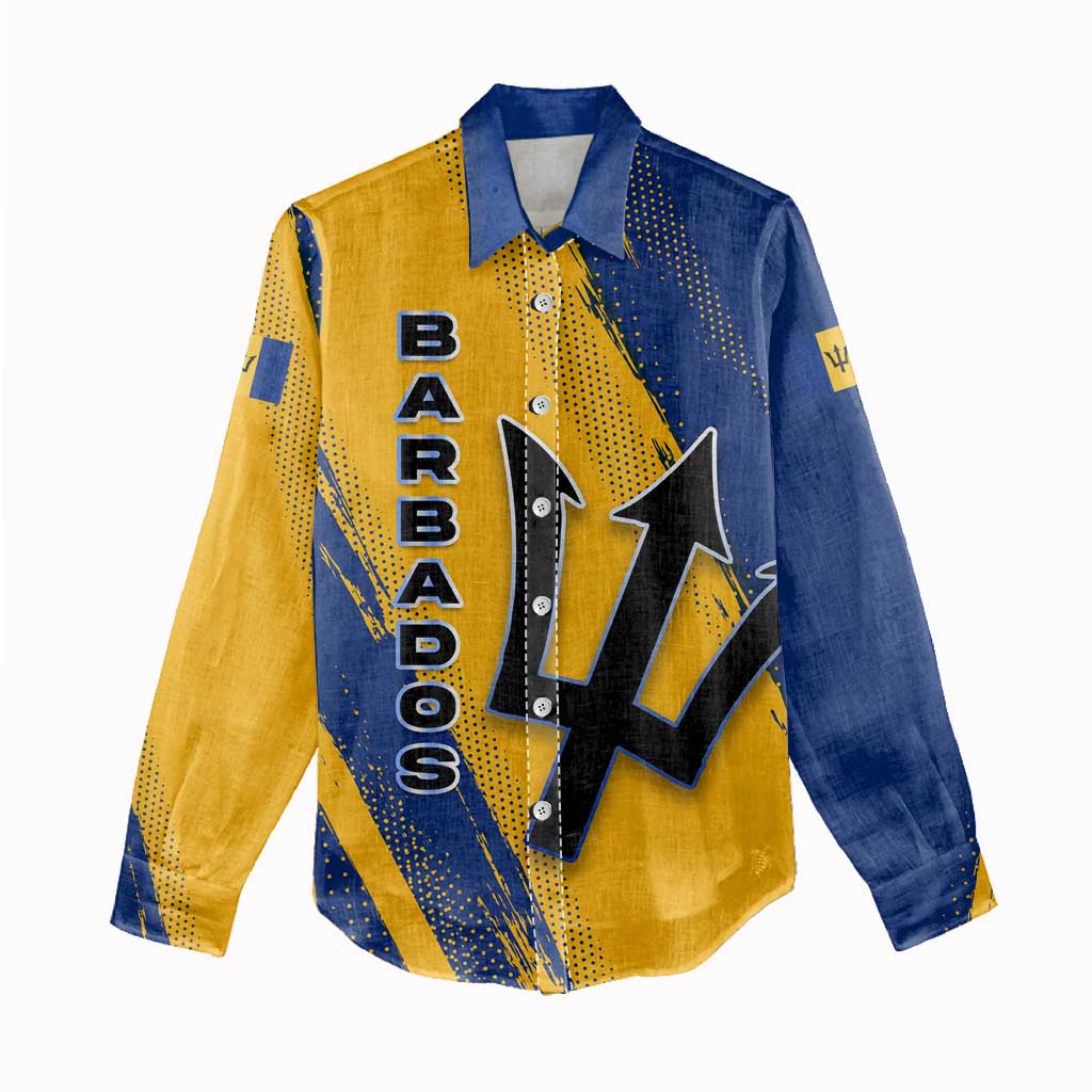 Barbados Trident and Coat of Arms Women Casual Shirt with Blue Yellow Patriotic Graphic - Wonder Print Shop