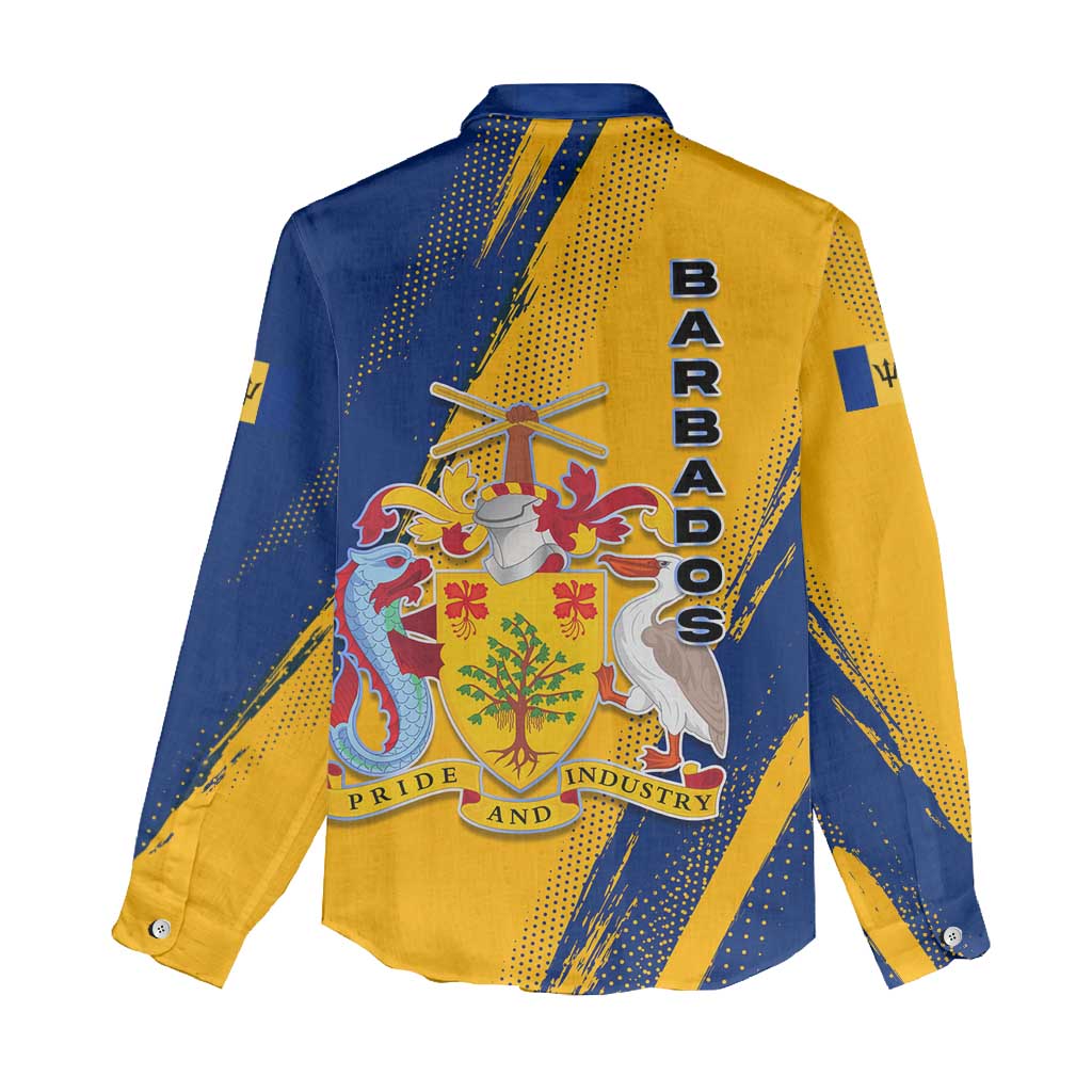 Barbados Trident and Coat of Arms Women Casual Shirt with Blue Yellow Patriotic Graphic - Wonder Print Shop