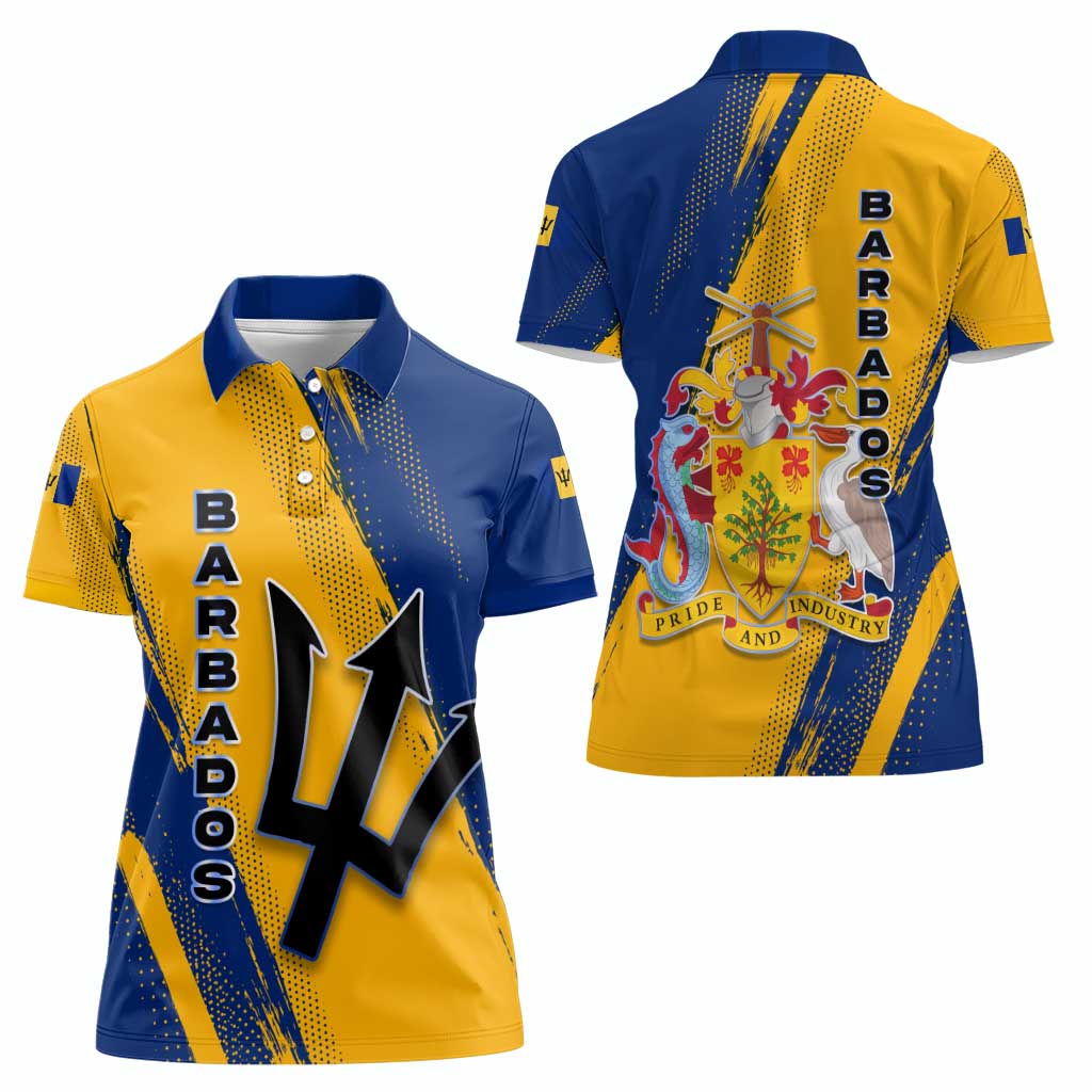 Barbados Trident and Coat of Arms Women Polo Shirt with Blue Yellow Patriotic Graphic - Wonder Print Shop