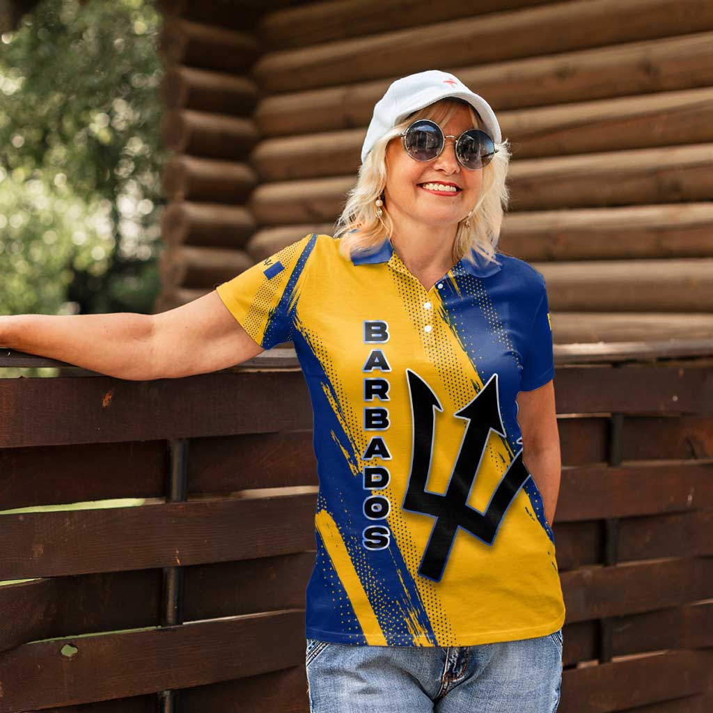 Barbados Trident and Coat of Arms Women Polo Shirt with Blue Yellow Patriotic Graphic - Wonder Print Shop