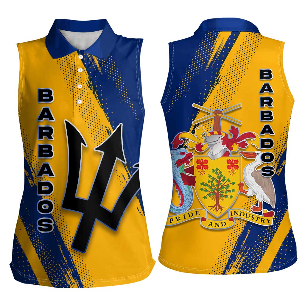 Barbados Trident and Coat of Arms Women Sleeveless Polo Shirt with Blue Yellow Patriotic Graphic - Wonder Print Shop
