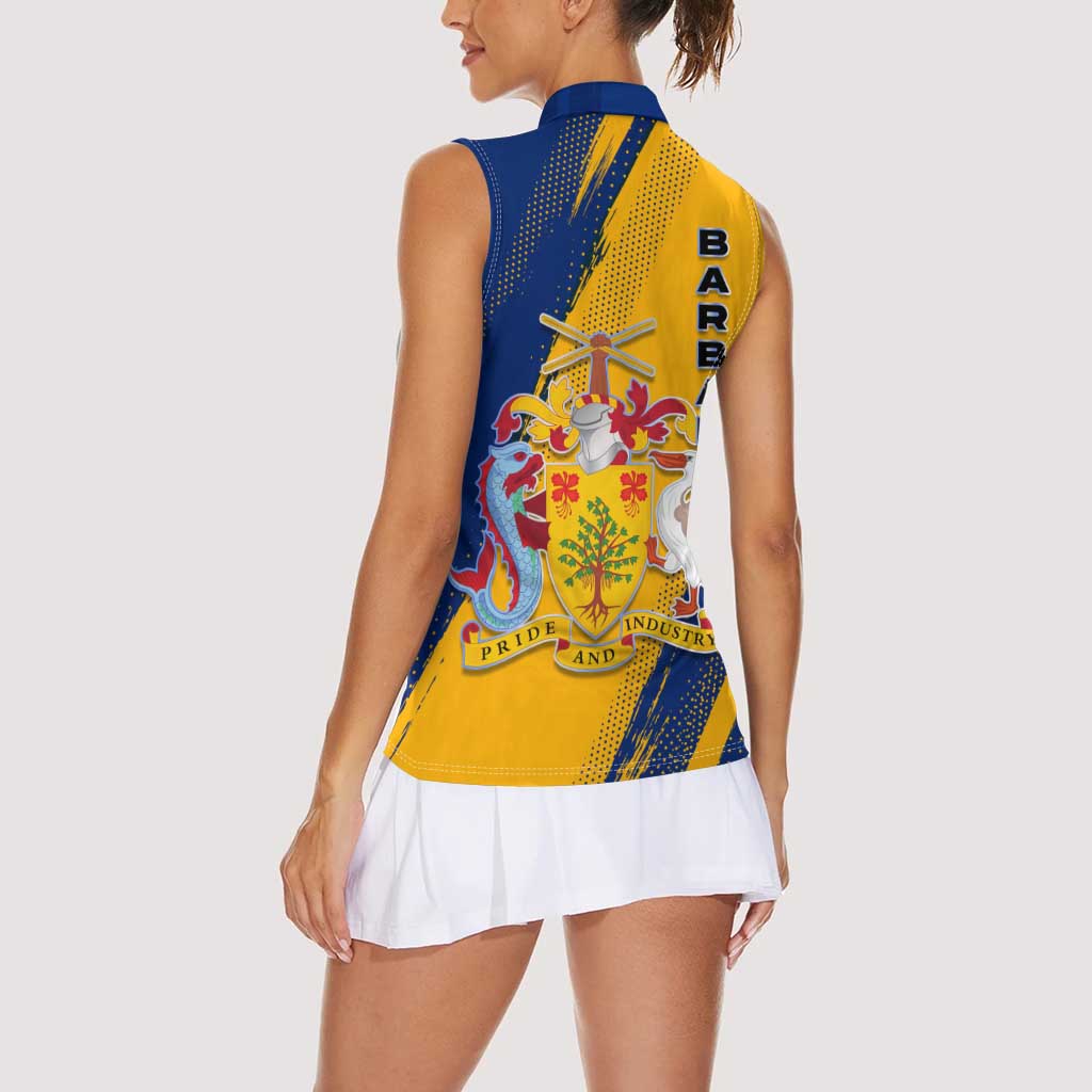 Barbados Trident and Coat of Arms Women Sleeveless Polo Shirt with Blue Yellow Patriotic Graphic - Wonder Print Shop