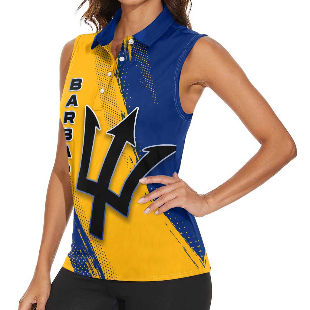 Barbados Trident and Coat of Arms Women Sleeveless Polo Shirt with Blue Yellow Patriotic Graphic - Wonder Print Shop
