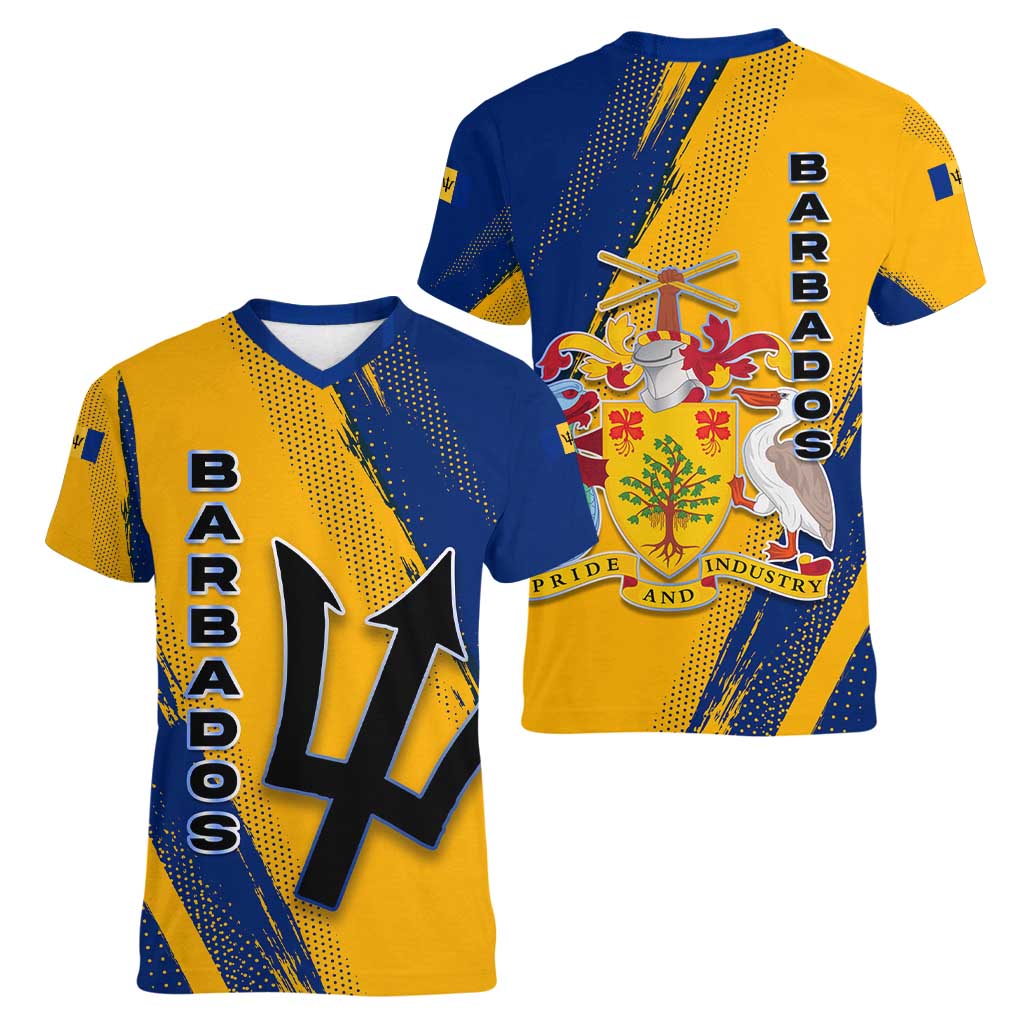Barbados Trident and Coat of Arms Women V-Neck T-Shirt with Blue Yellow Patriotic Graphic - Wonder Print Shop