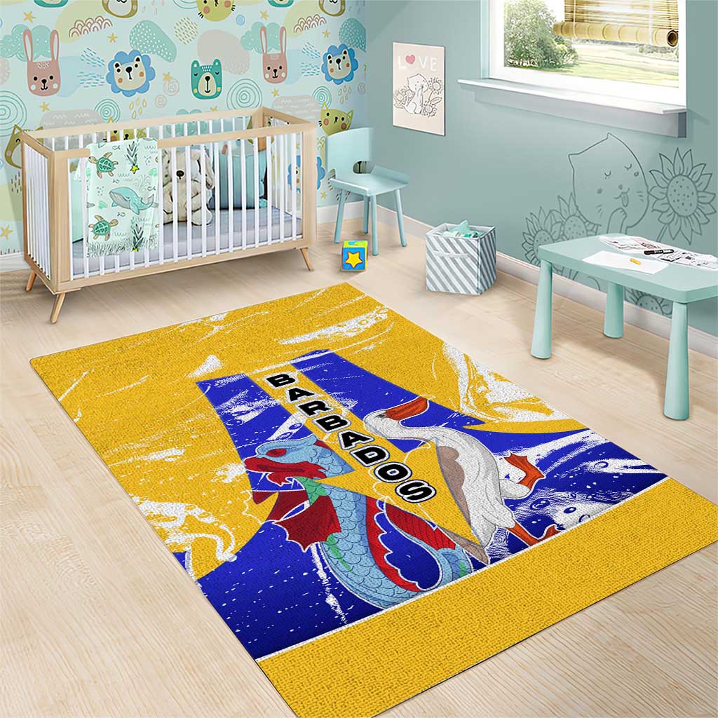 Barbados Coat of Arms Area Rug with Yellow Blue Pelican Dolphin Graphic - Wonder Print Shop