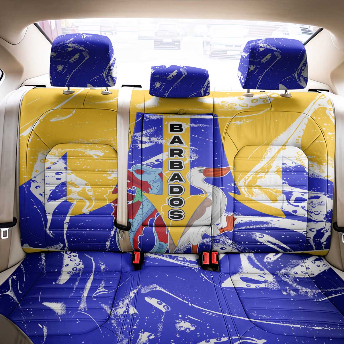 Barbados Coat of Arms Back Car Seat Cover with Yellow Blue Pelican Dolphin Graphic - Wonder Print Shop