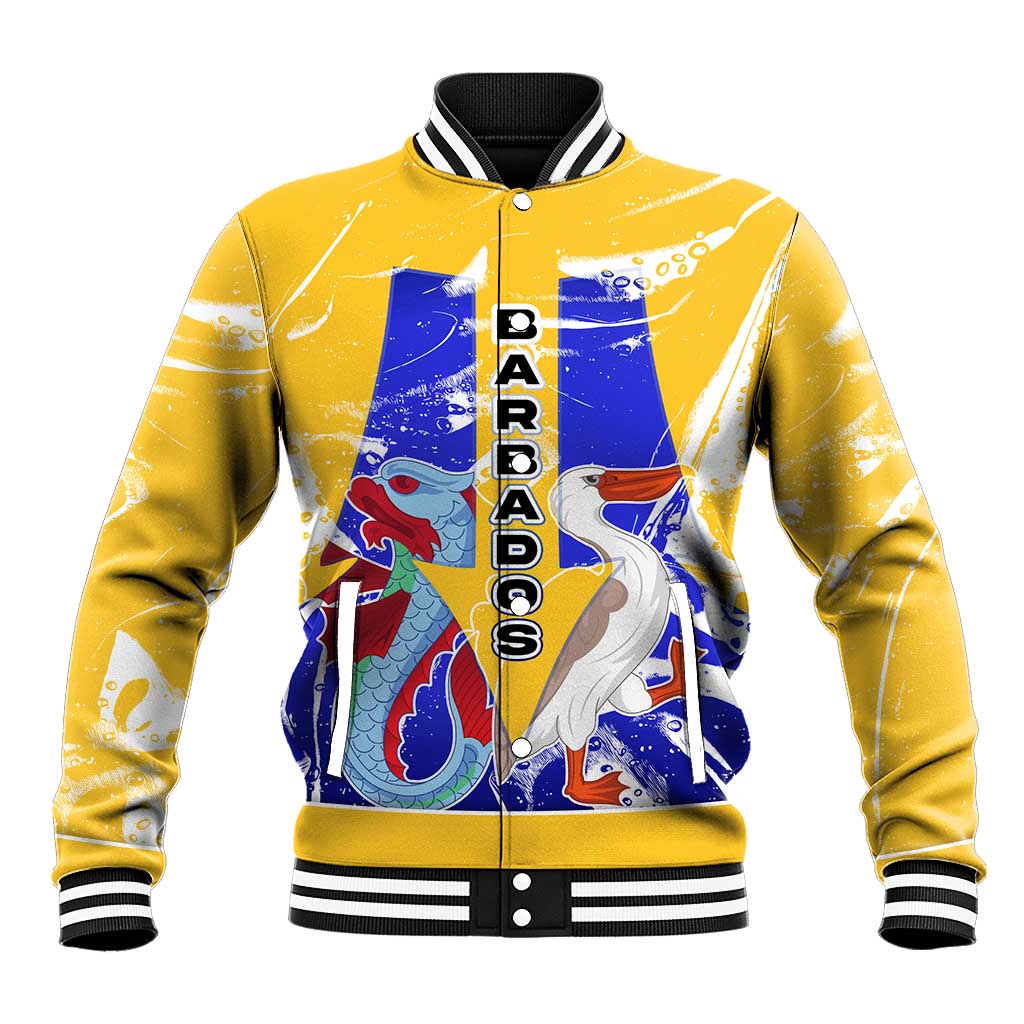 Barbados Coat of Arms Baseball Jacket with Yellow Blue Pelican Dolphin Graphic - Wonder Print Shop