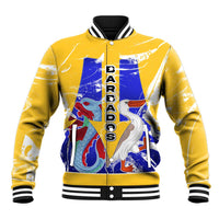Barbados Coat of Arms Baseball Jacket with Yellow Blue Pelican Dolphin Graphic - Wonder Print Shop