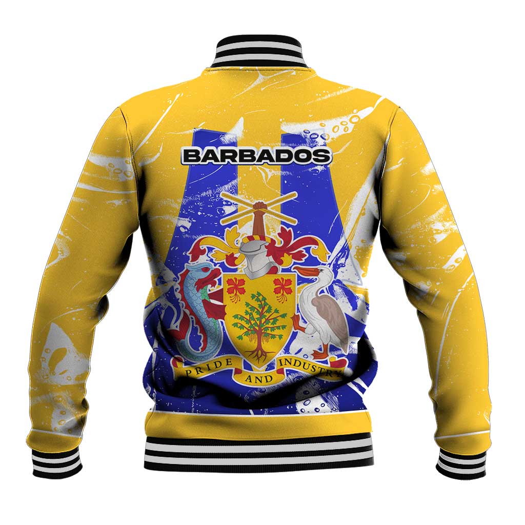 Barbados Coat of Arms Baseball Jacket with Yellow Blue Pelican Dolphin Graphic - Wonder Print Shop