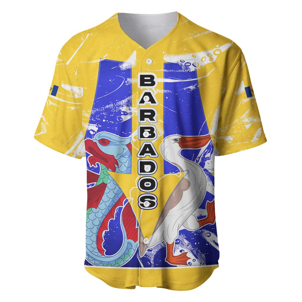 Barbados Coat of Arms Baseball Jersey with Yellow Blue Pelican Dolphin Graphic - Wonder Print Shop