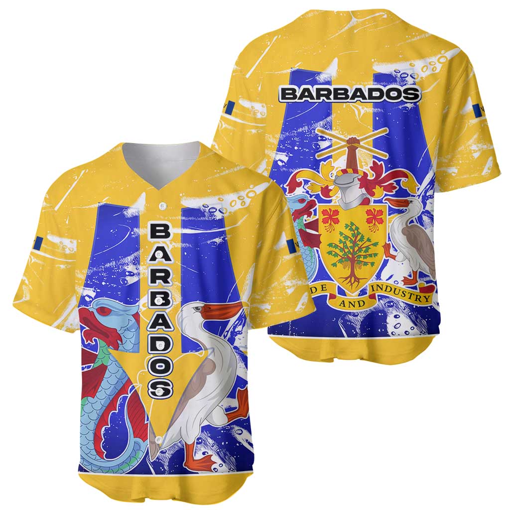 Barbados Coat of Arms Baseball Jersey with Yellow Blue Pelican Dolphin Graphic - Wonder Print Shop