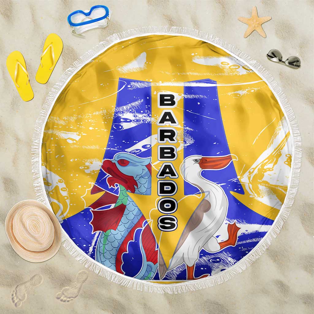 Barbados Coat of Arms Beach Blanket with Yellow Blue Pelican Dolphin Graphic - Wonder Print Shop