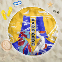 Barbados Coat of Arms Beach Blanket with Yellow Blue Pelican Dolphin Graphic - Wonder Print Shop