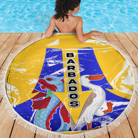 Barbados Coat of Arms Beach Blanket with Yellow Blue Pelican Dolphin Graphic - Wonder Print Shop