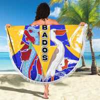 Barbados Coat of Arms Beach Blanket with Yellow Blue Pelican Dolphin Graphic - Wonder Print Shop