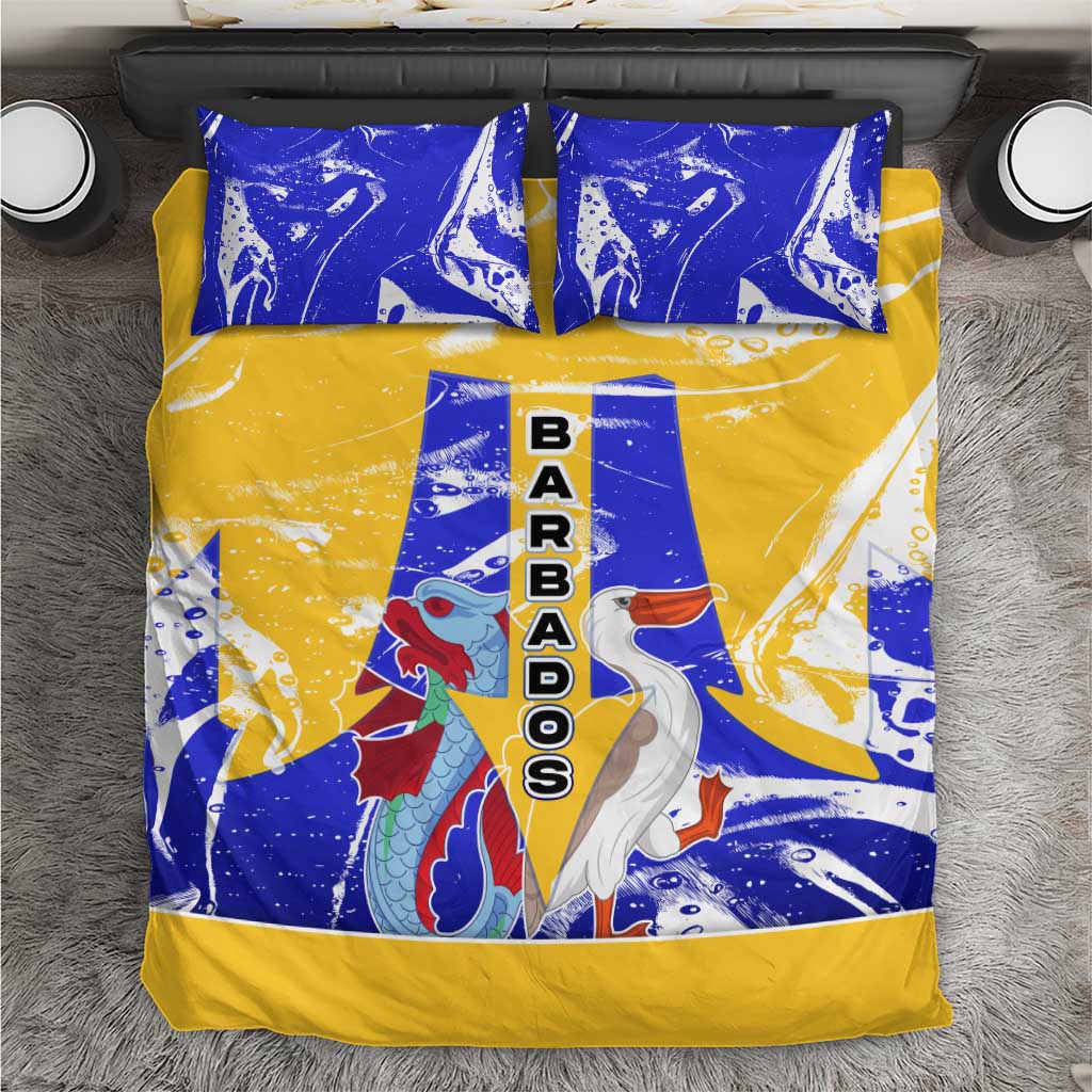 Barbados Coat of Arms Bedding Set with Yellow Blue Pelican Dolphin Graphic - Wonder Print Shop