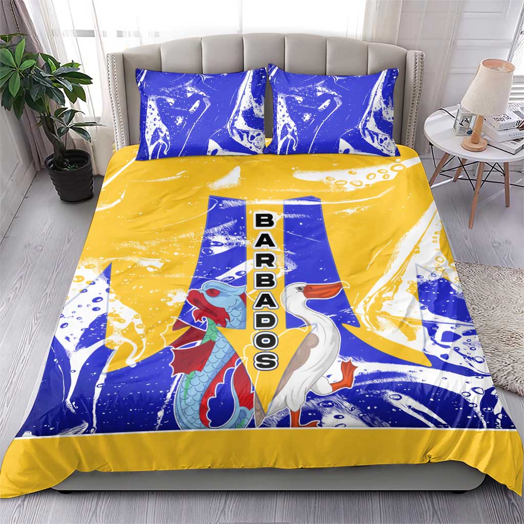 Barbados Coat of Arms Bedding Set with Yellow Blue Pelican Dolphin Graphic - Wonder Print Shop
