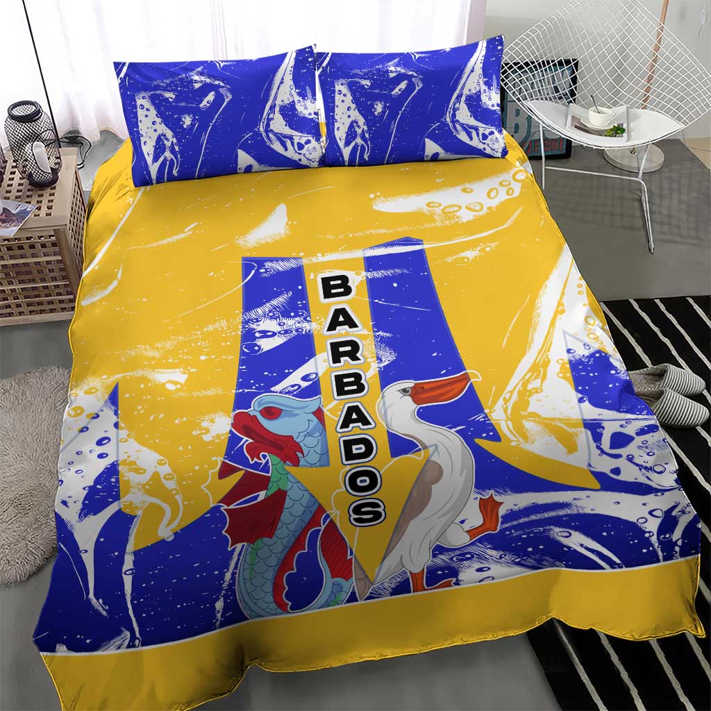 Barbados Coat of Arms Bedding Set with Yellow Blue Pelican Dolphin Graphic - Wonder Print Shop
