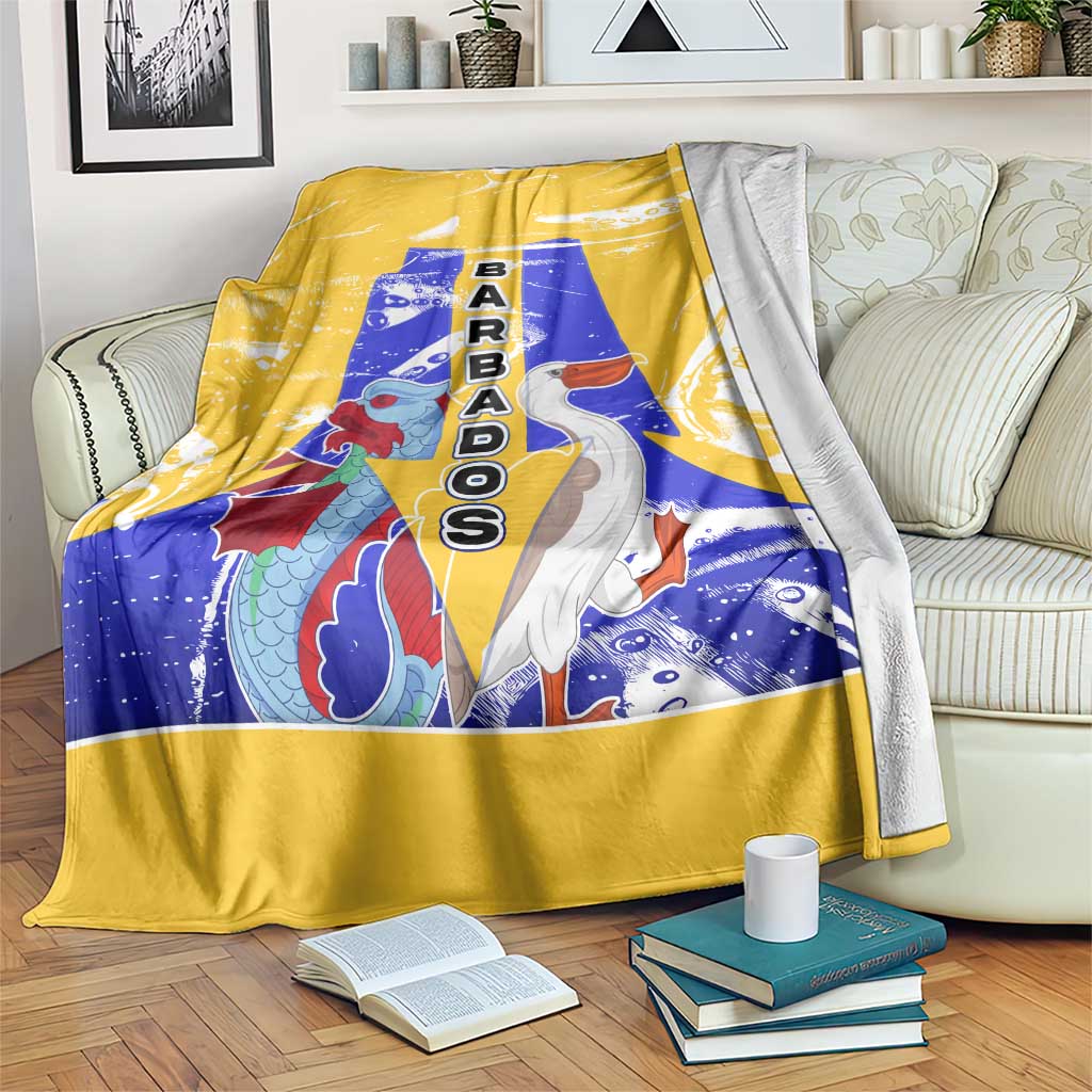 Barbados Coat of Arms Blanket with Yellow Blue Pelican Dolphin Graphic - Wonder Print Shop