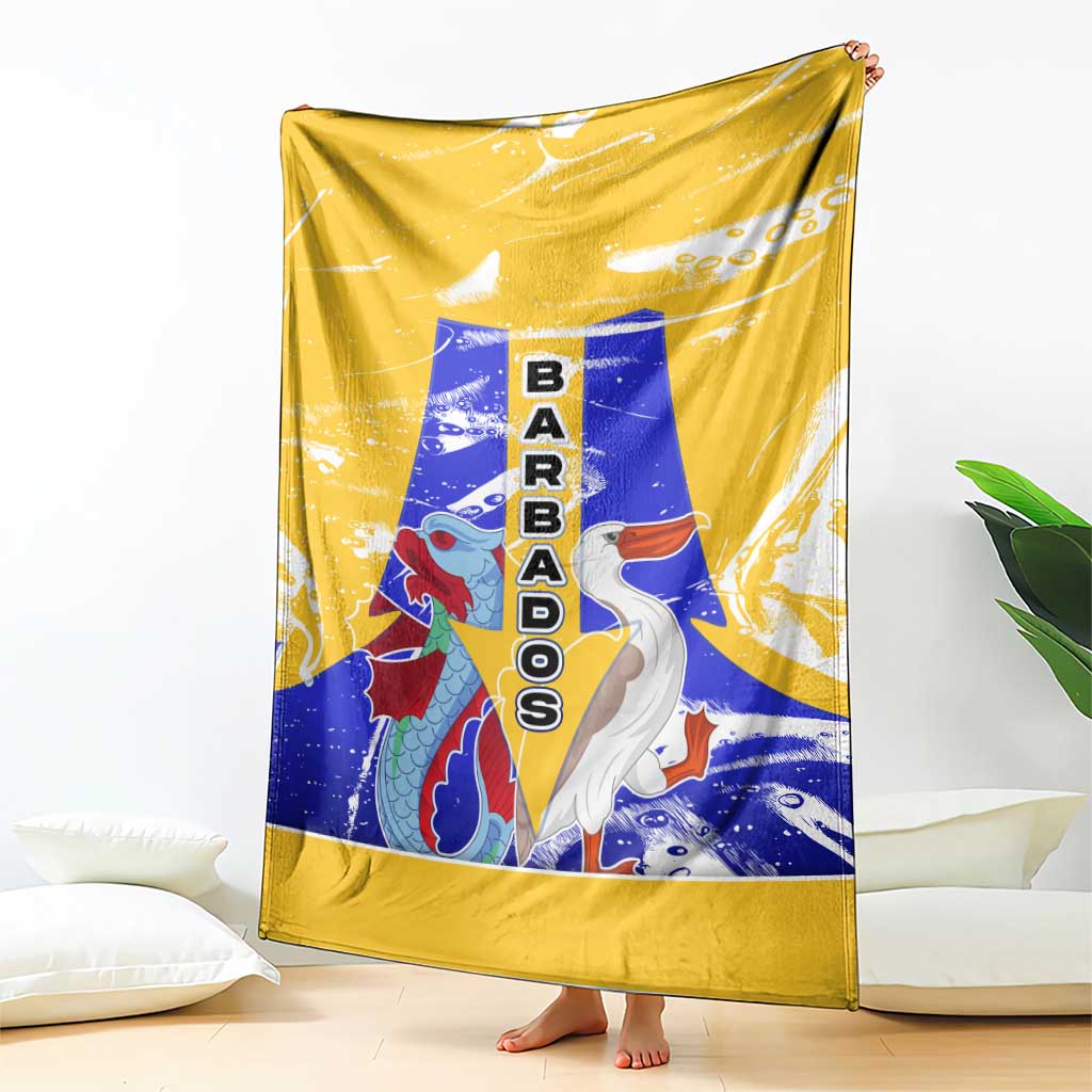 Barbados Coat of Arms Blanket with Yellow Blue Pelican Dolphin Graphic - Wonder Print Shop
