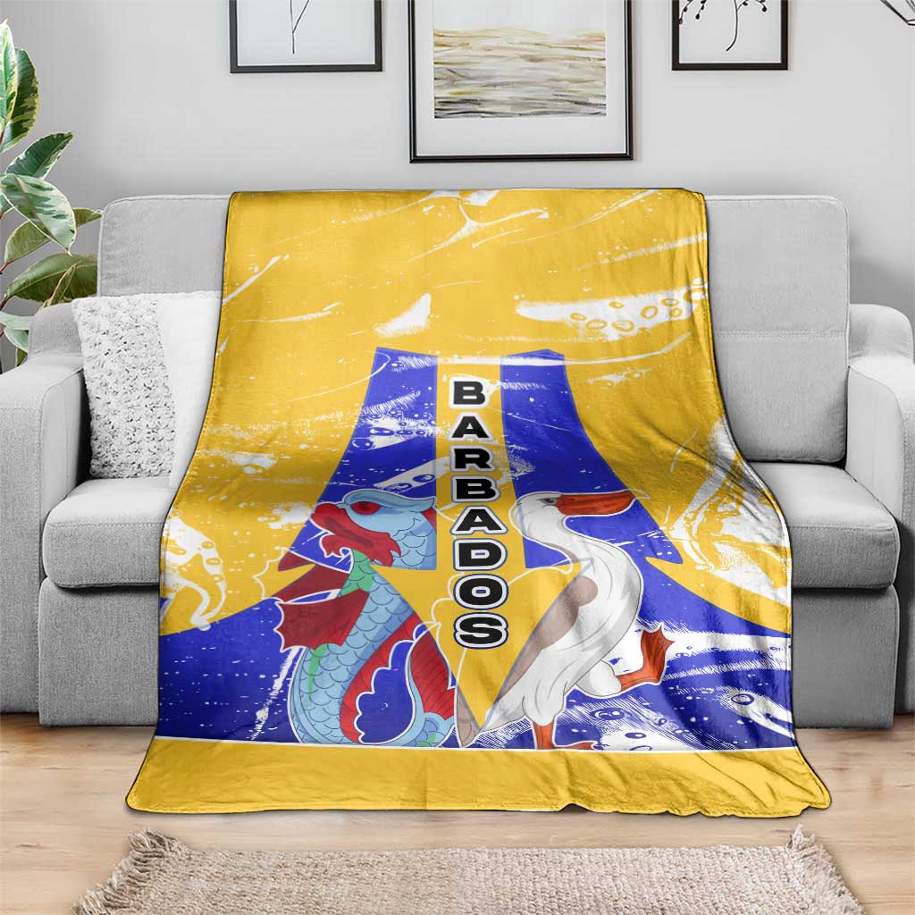 Barbados Coat of Arms Blanket with Yellow Blue Pelican Dolphin Graphic - Wonder Print Shop