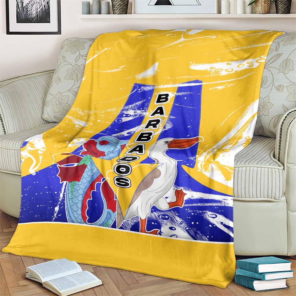 Barbados Coat of Arms Blanket with Yellow Blue Pelican Dolphin Graphic - Wonder Print Shop