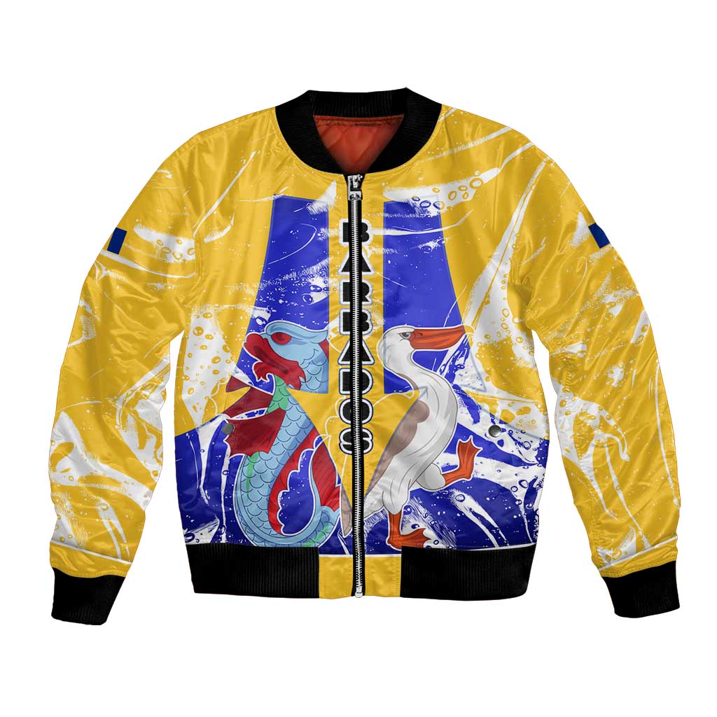 Barbados Coat of Arms Bomber Jacket with Yellow Blue Pelican Dolphin Graphic - Wonder Print Shop