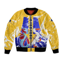 Barbados Coat of Arms Bomber Jacket with Yellow Blue Pelican Dolphin Graphic - Wonder Print Shop