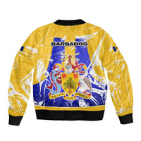 Barbados Coat of Arms Bomber Jacket with Yellow Blue Pelican Dolphin Graphic - Wonder Print Shop