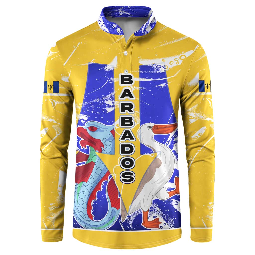 Barbados Coat of Arms Button Sweatshirt with Yellow Blue Pelican Dolphin Graphic - Wonder Print Shop