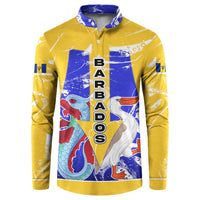 Barbados Coat of Arms Button Sweatshirt with Yellow Blue Pelican Dolphin Graphic - Wonder Print Shop