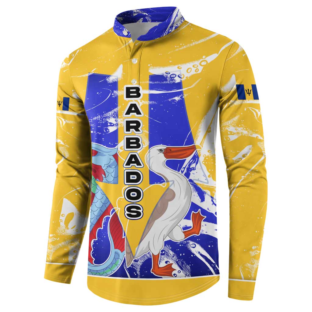 Barbados Coat of Arms Button Sweatshirt with Yellow Blue Pelican Dolphin Graphic - Wonder Print Shop