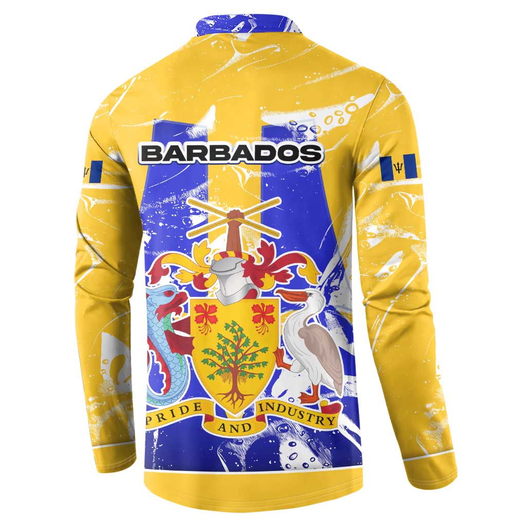 Barbados Coat of Arms Button Sweatshirt with Yellow Blue Pelican Dolphin Graphic - Wonder Print Shop