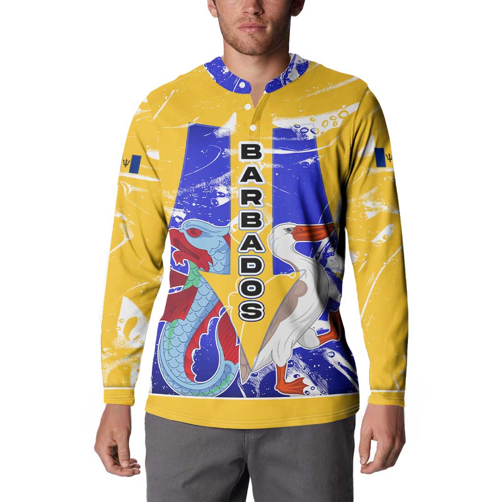 Barbados Coat of Arms Button Sweatshirt with Yellow Blue Pelican Dolphin Graphic - Wonder Print Shop