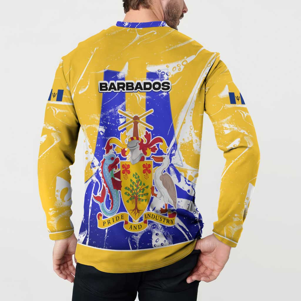 Barbados Coat of Arms Button Sweatshirt with Yellow Blue Pelican Dolphin Graphic - Wonder Print Shop