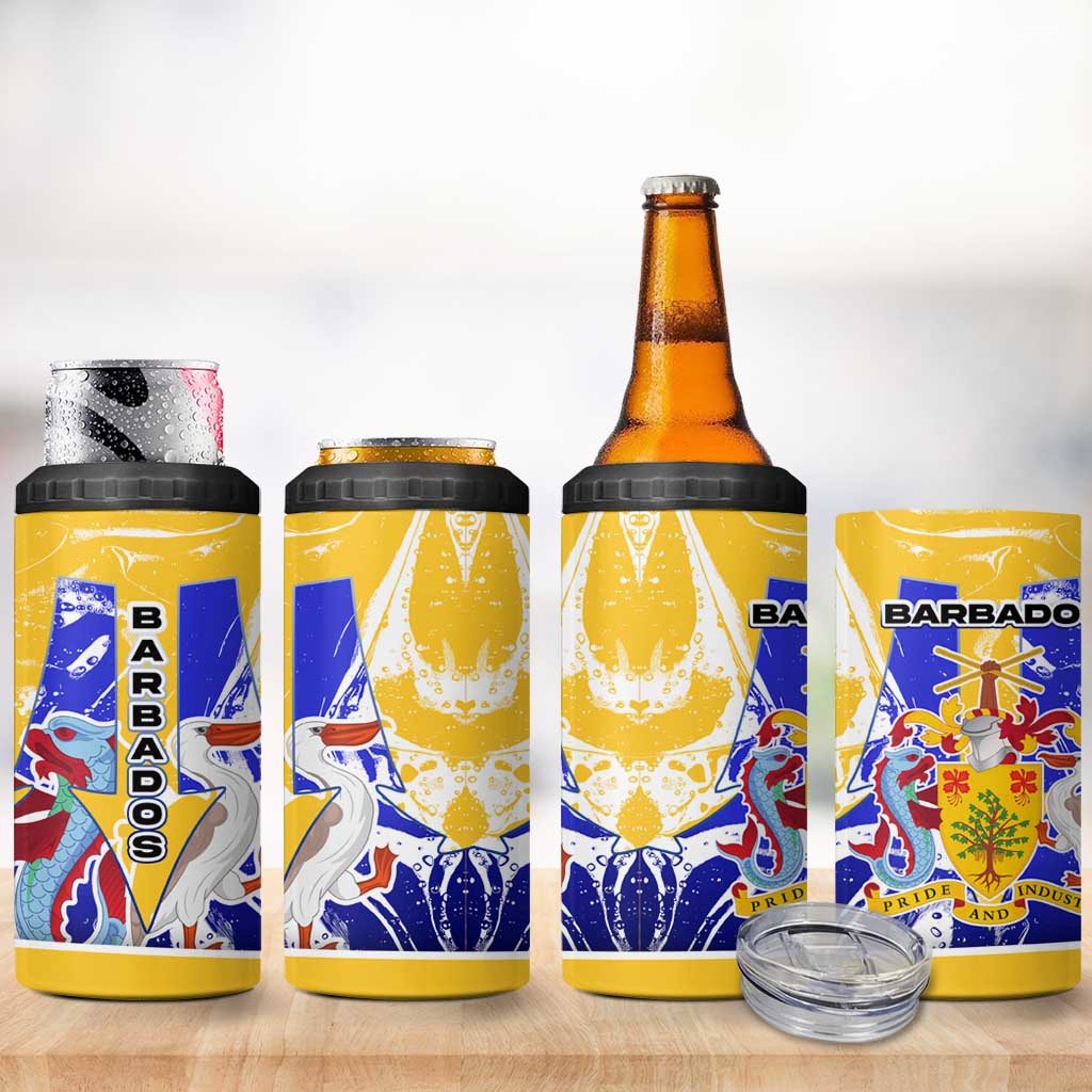Barbados Coat of Arms 4 in 1 Can Cooler Tumbler with Yellow Blue Pelican Dolphin Graphic - Wonder Print Shop