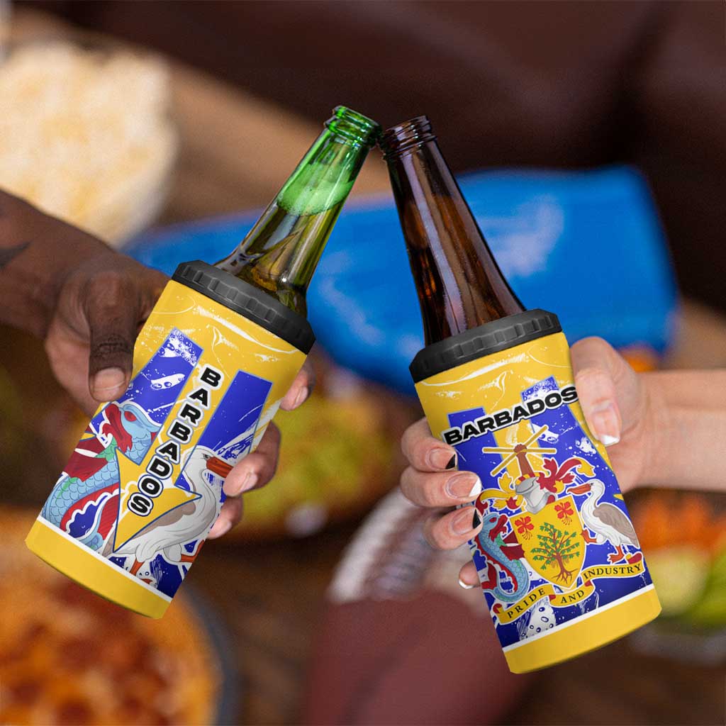 Barbados Coat of Arms 4 in 1 Can Cooler Tumbler with Yellow Blue Pelican Dolphin Graphic - Wonder Print Shop