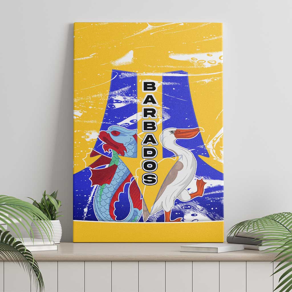 Barbados Coat of Arms Canvas Wall Art with Yellow Blue Pelican Dolphin Graphic - Wonder Print Shop