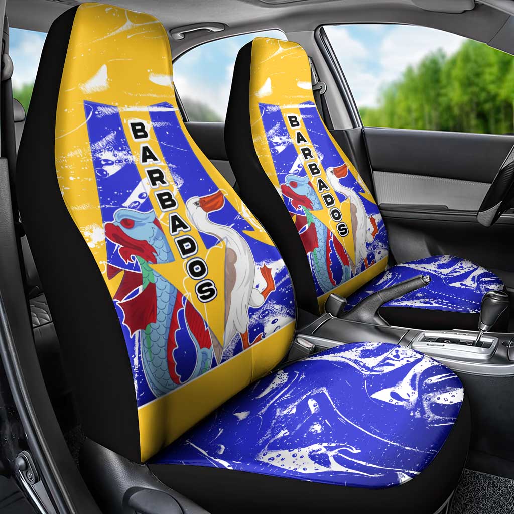 Barbados Coat of Arms Car Seat Cover with Yellow Blue Pelican Dolphin Graphic - Wonder Print Shop