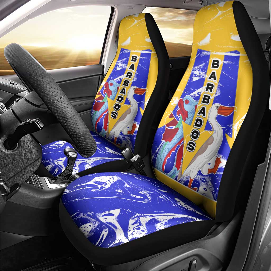 Barbados Coat of Arms Car Seat Cover with Yellow Blue Pelican Dolphin Graphic - Wonder Print Shop