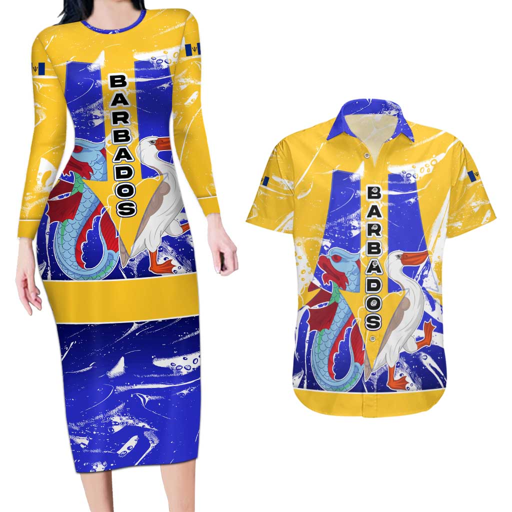 Barbados Coat of Arms Couples Matching Long Sleeve Bodycon Dress and Hawaiian Shirt with Yellow Blue Pelican Dolphin Graphic - Wonder Print Shop