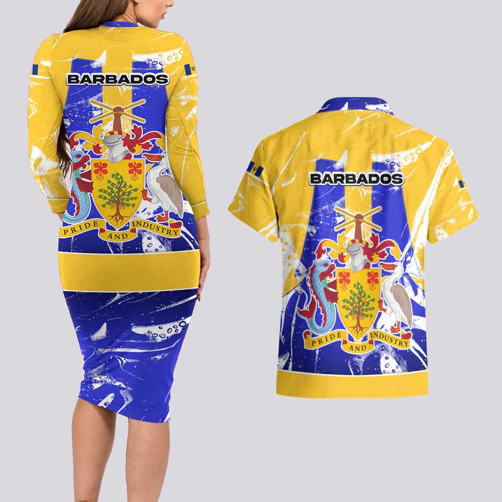 Barbados Coat of Arms Couples Matching Long Sleeve Bodycon Dress and Hawaiian Shirt with Yellow Blue Pelican Dolphin Graphic - Wonder Print Shop