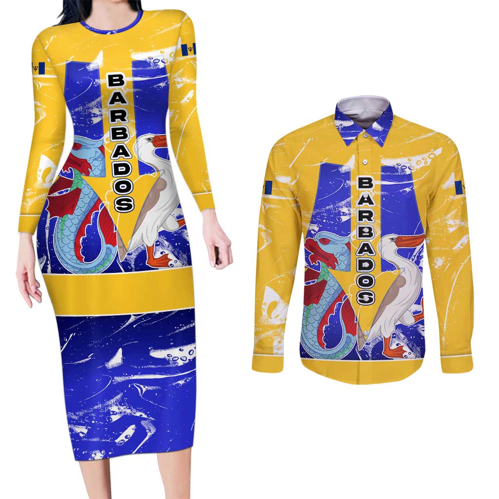 Barbados Coat of Arms Couples Matching Long Sleeve Bodycon Dress and Long Sleeve Button Shirt with Yellow Blue Pelican Dolphin Graphic - Wonder Print Shop