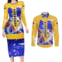 Barbados Coat of Arms Couples Matching Long Sleeve Bodycon Dress and Long Sleeve Button Shirt with Yellow Blue Pelican Dolphin Graphic - Wonder Print Shop