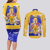 Barbados Coat of Arms Couples Matching Long Sleeve Bodycon Dress and Long Sleeve Button Shirt with Yellow Blue Pelican Dolphin Graphic - Wonder Print Shop