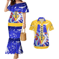 Barbados Coat of Arms Couples Matching Mermaid Dress and Hawaiian Shirt with Yellow Blue Pelican Dolphin Graphic - Wonder Print Shop