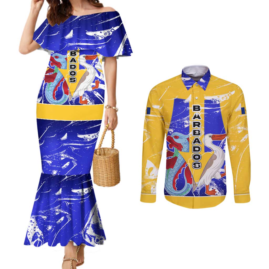 Barbados Coat of Arms Couples Matching Mermaid Dress and Long Sleeve Button Shirt with Yellow Blue Pelican Dolphin Graphic - Wonder Print Shop