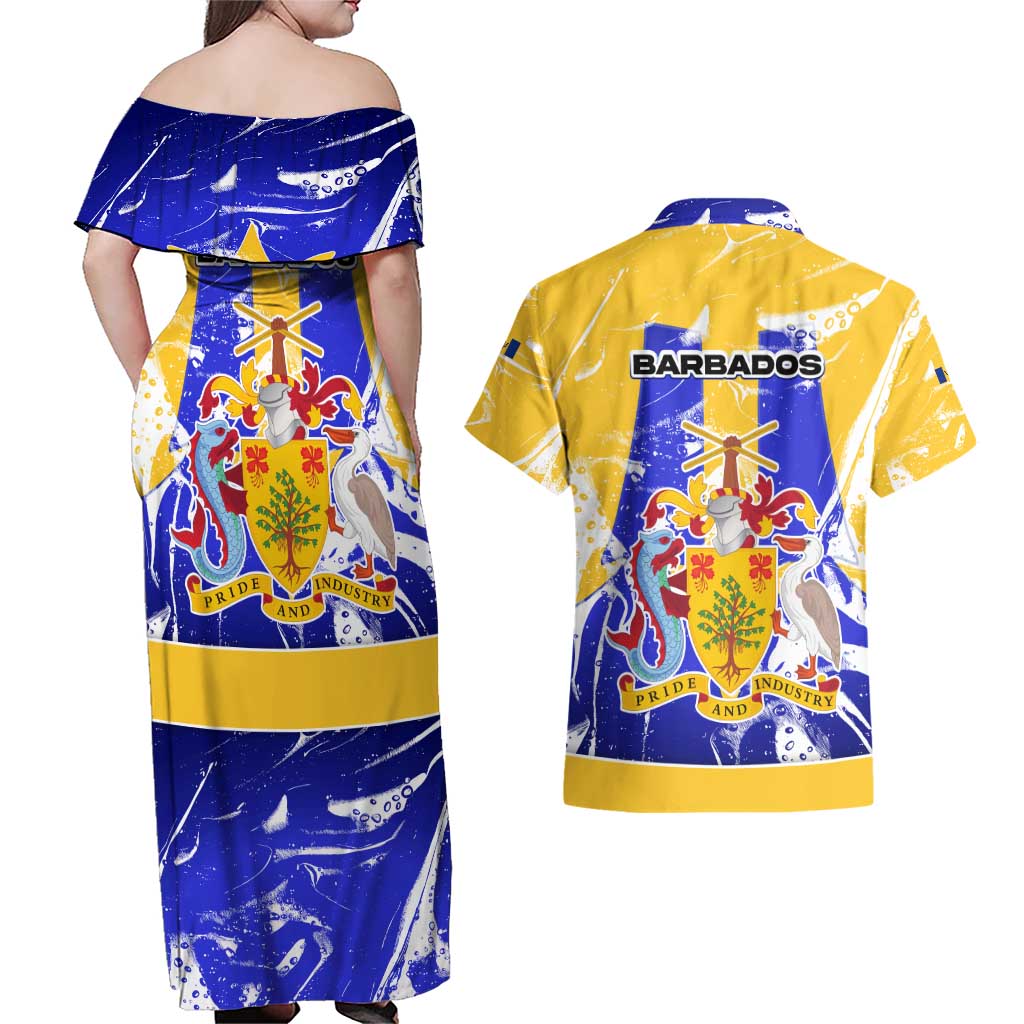 Barbados Coat of Arms Couples Matching Off Shoulder Maxi Dress and Hawaiian Shirt with Yellow Blue Pelican Dolphin Graphic - Wonder Print Shop