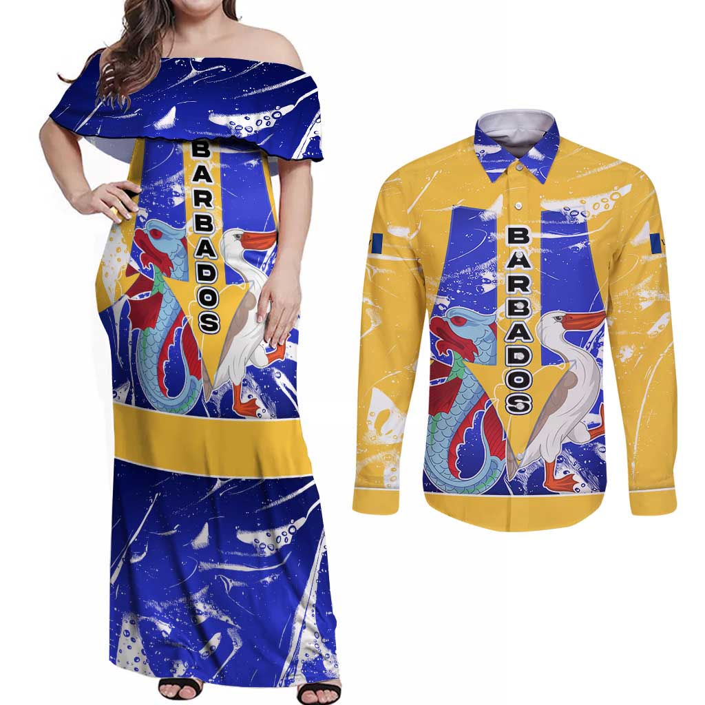 Barbados Coat of Arms Couples Matching Off Shoulder Maxi Dress and Long Sleeve Button Shirt with Yellow Blue Pelican Dolphin Graphic - Wonder Print Shop